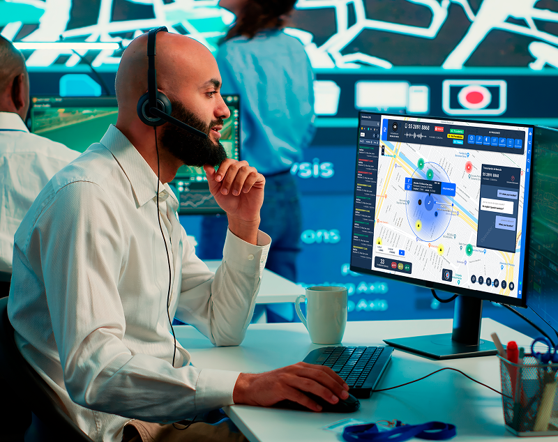Emergency center operator at workstation