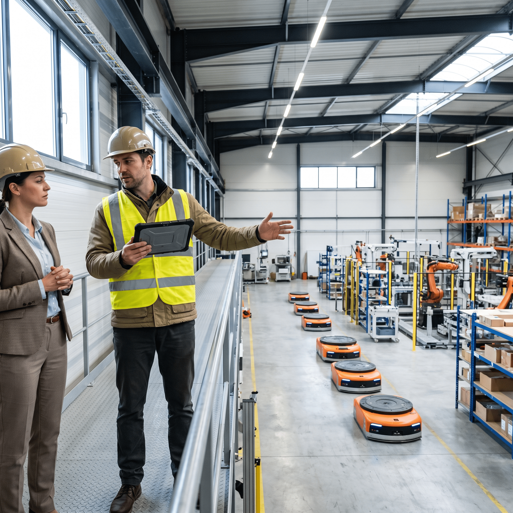 Consultant reviewing specifications next to a robot